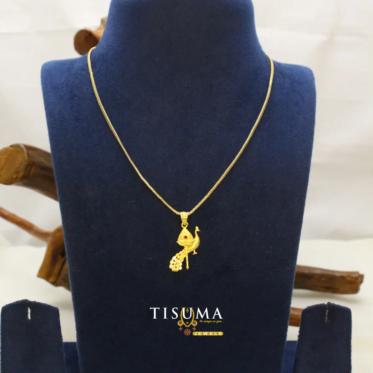 Traditional South Indian Gold Plated Standing Peacock Motif Pendant with Textured Wheat Chain for Women